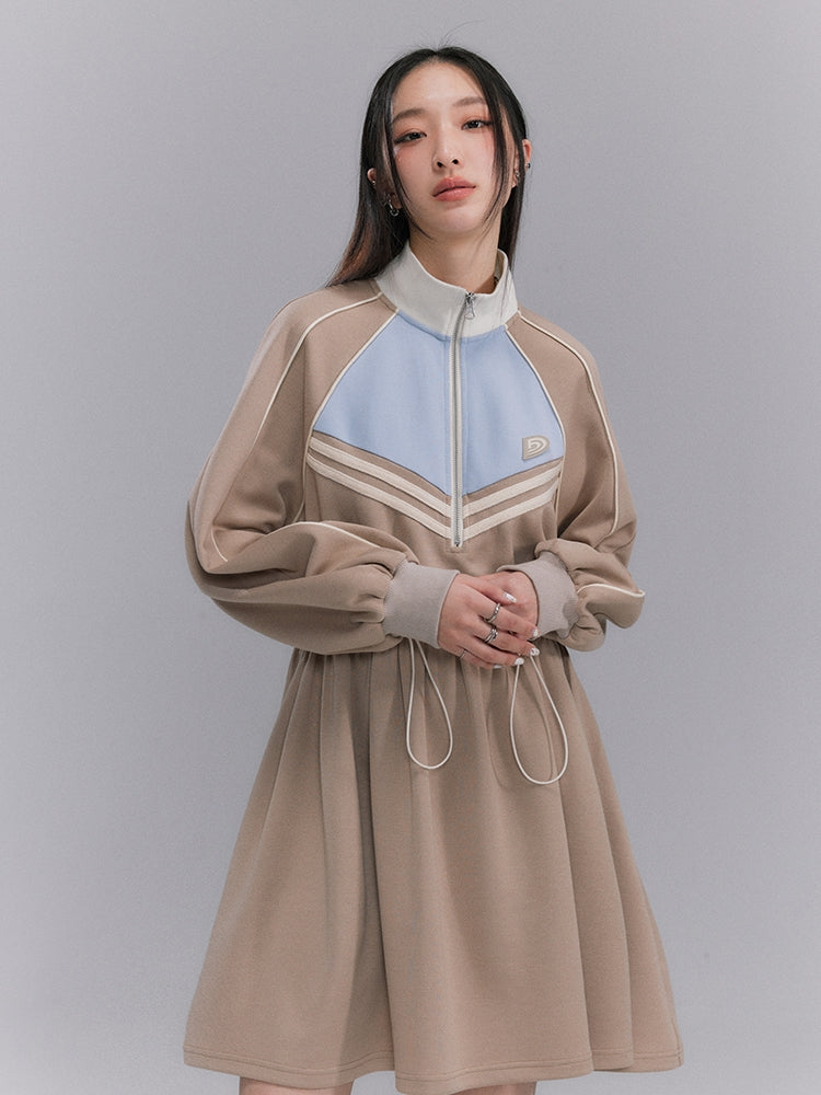Sporty Flare Stand-collar Drawstring Jumpsuit