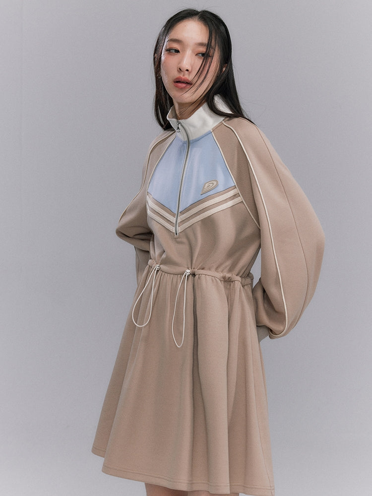 Sporty Flare Stand-collar Drawstring Jumpsuit