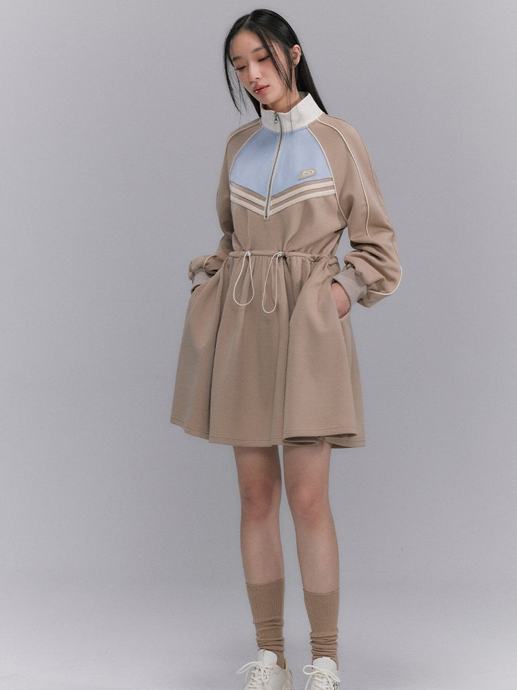Sporty Flare Stand-collar Drawstring Jumpsuit