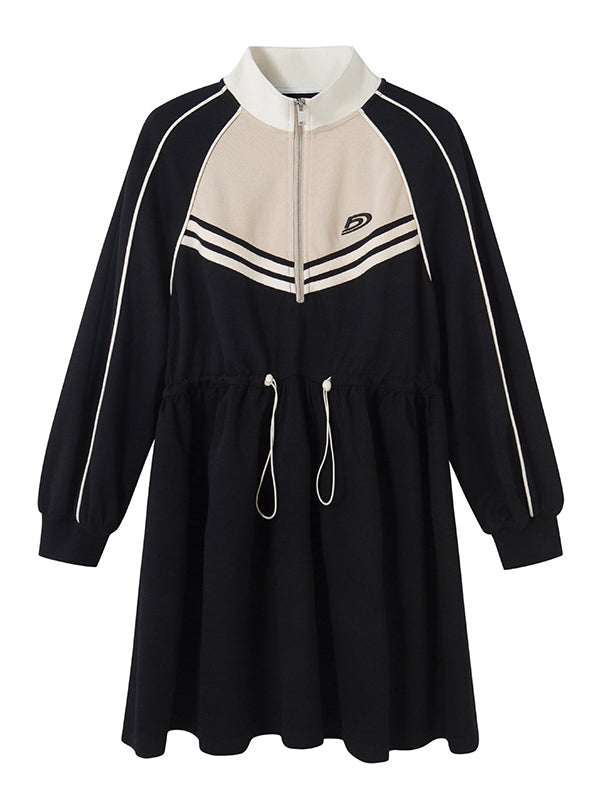 Sporty Flare Stand-collar Drawstring Jumpsuit