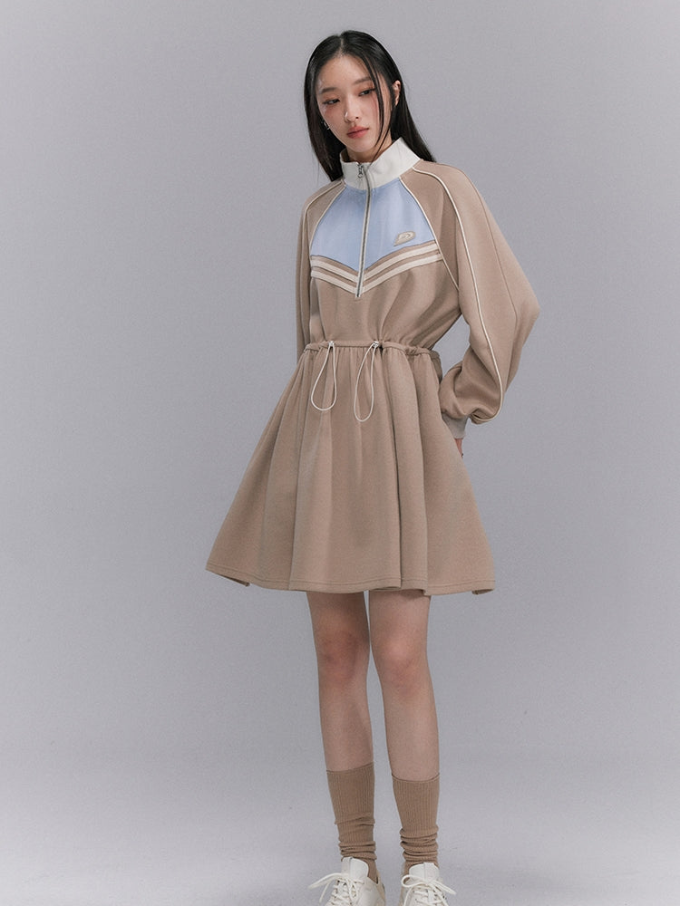Sporty Flare Stand-collar Drawstring Jumpsuit