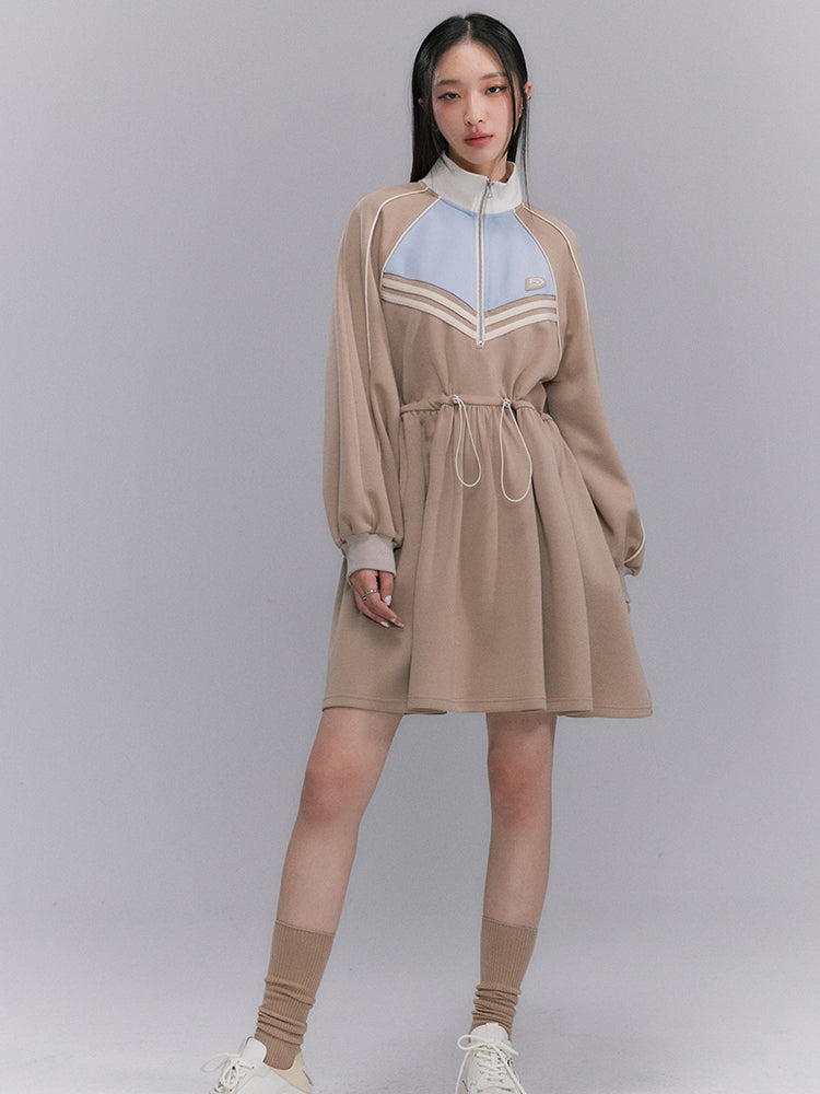 Sporty Flare Stand-collar Drawstring Jumpsuit