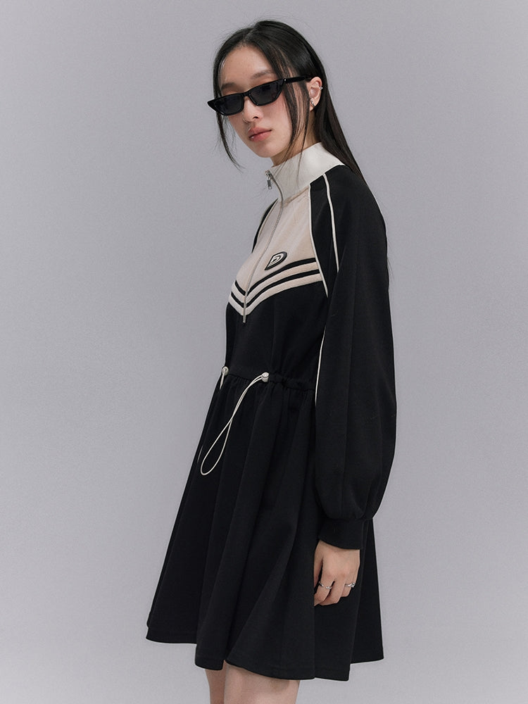 Sporty Flare Stand-collar Drawstring Jumpsuit