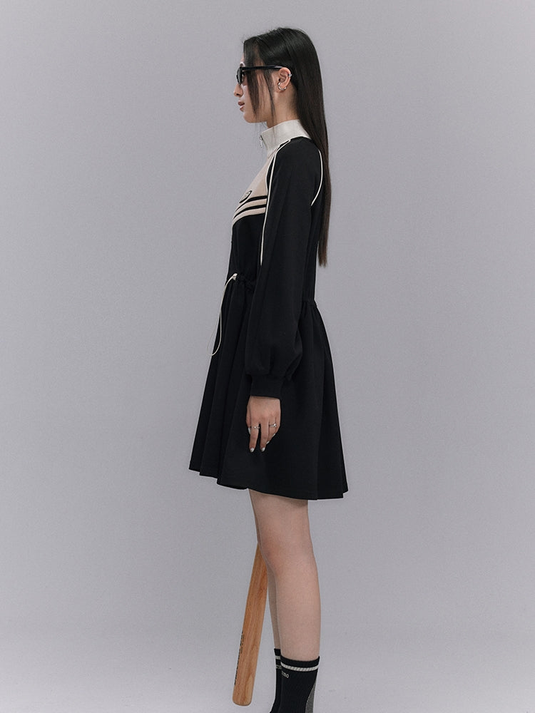 Sporty Flare Stand-collar Drawstring Jumpsuit