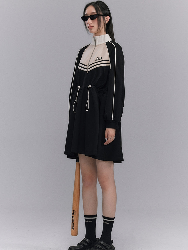 Sporty Flare Stand-collar Drawstring Jumpsuit