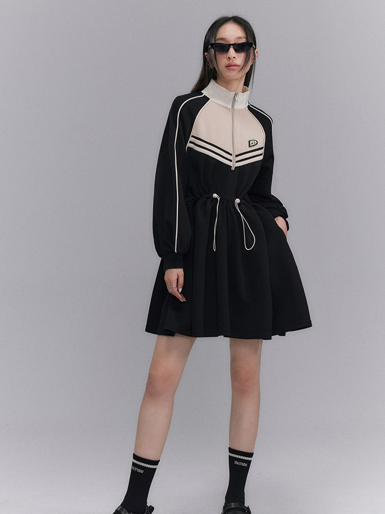Sporty Flare Stand-collar Drawstring Jumpsuit