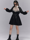 Sporty Flare Stand-collar Drawstring Jumpsuit