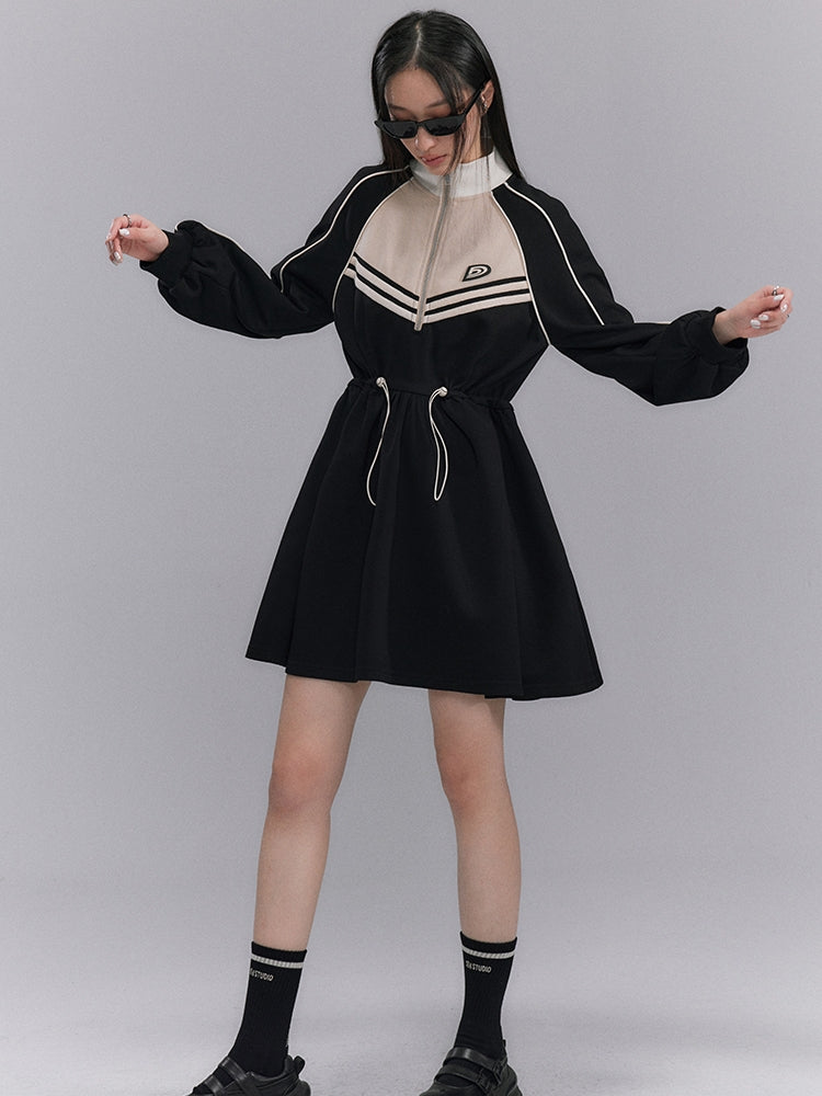 Sporty Flare Stand-collar Drawstring Jumpsuit