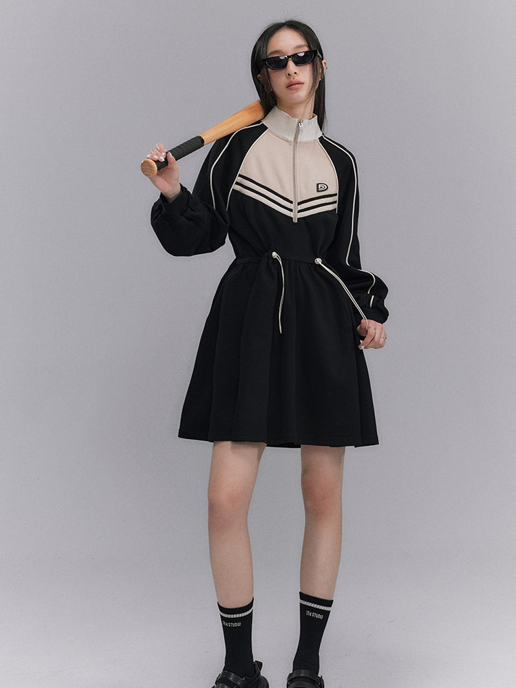 Sporty Flare Stand-collar Drawstring Jumpsuit