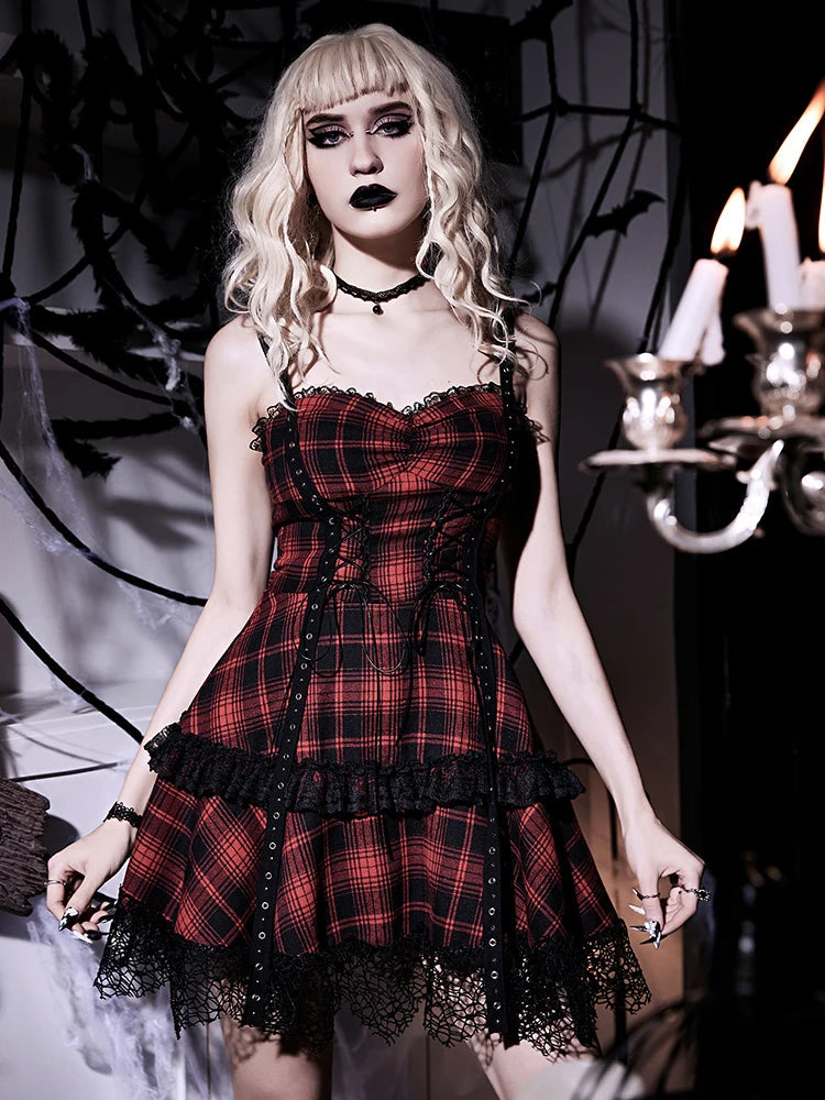 Plaid Red Prom Slip Dress Eyelet Lace Trim Double Cake Sleeveless Backless Zipper Mini Dress