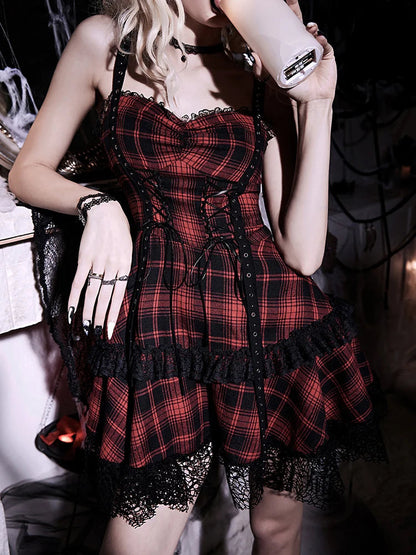 Plaid Red Prom Slip Dress Eyelet Lace Trim Double Cake Sleeveless Backless Zipper Mini Dress
