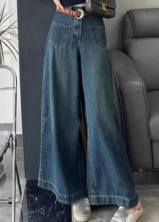Italian Blue Pockets High Waist Denim Wide Leg Pants Spring Ha1056