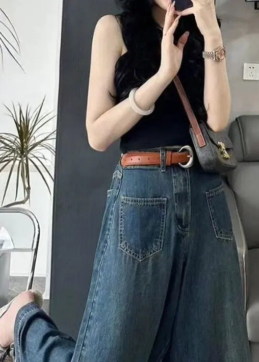 Italian Blue Pockets High Waist Denim Wide Leg Pants Spring Ha1056