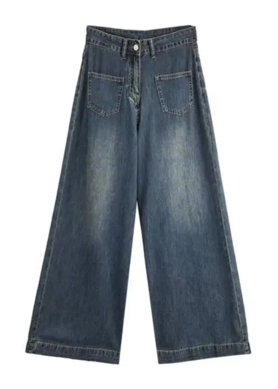 Italian Blue Pockets High Waist Denim Wide Leg Pants Spring Ha1056