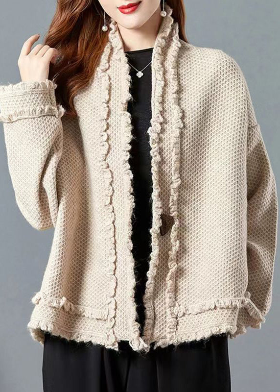Italian Camel V Neck Ruffled Patchwork Knit Cardigans Fall Wn028