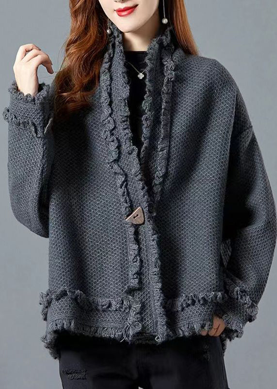 Italian Camel V Neck Ruffled Patchwork Knit Cardigans Fall Wn028