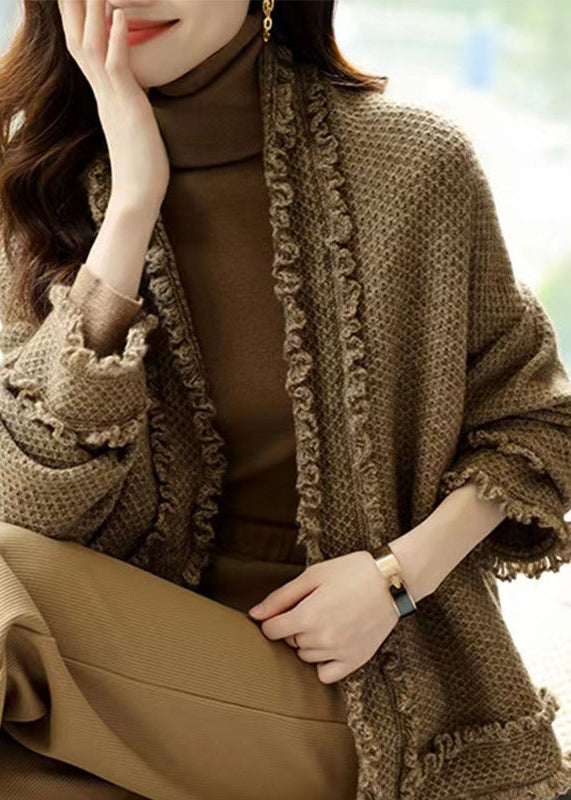 Italian Camel V Neck Ruffled Patchwork Knit Cardigans Fall Wn028