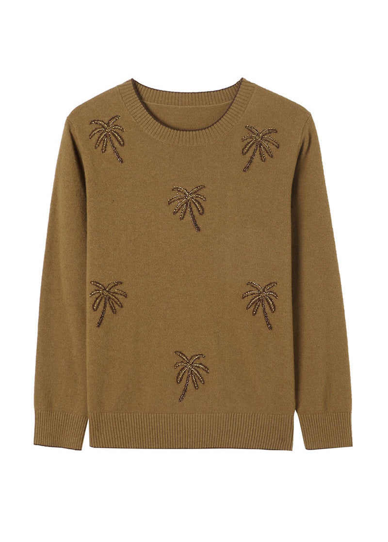 Italian Yellow O Neck Jacquard Zircon Wool Sweaters Winter Rl029