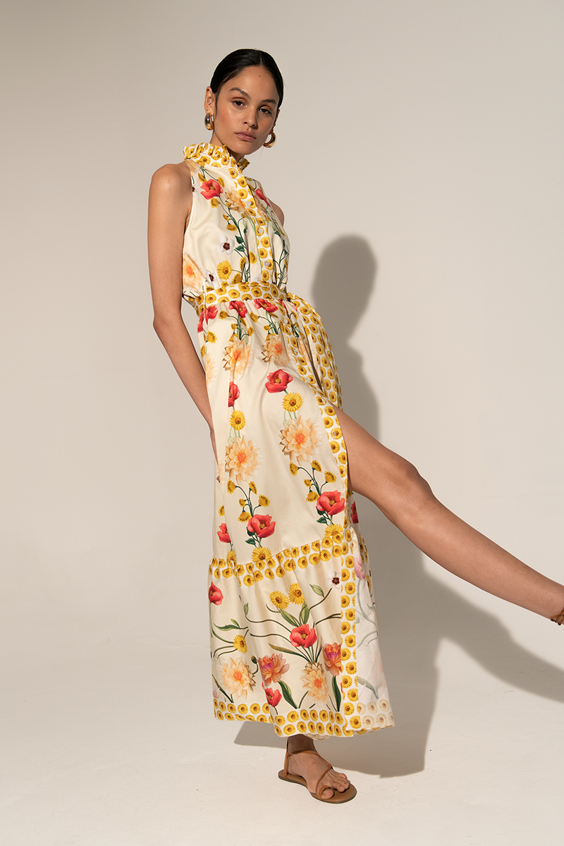 High Collar Sleeveless Buttoned Lace Up Midi Dress