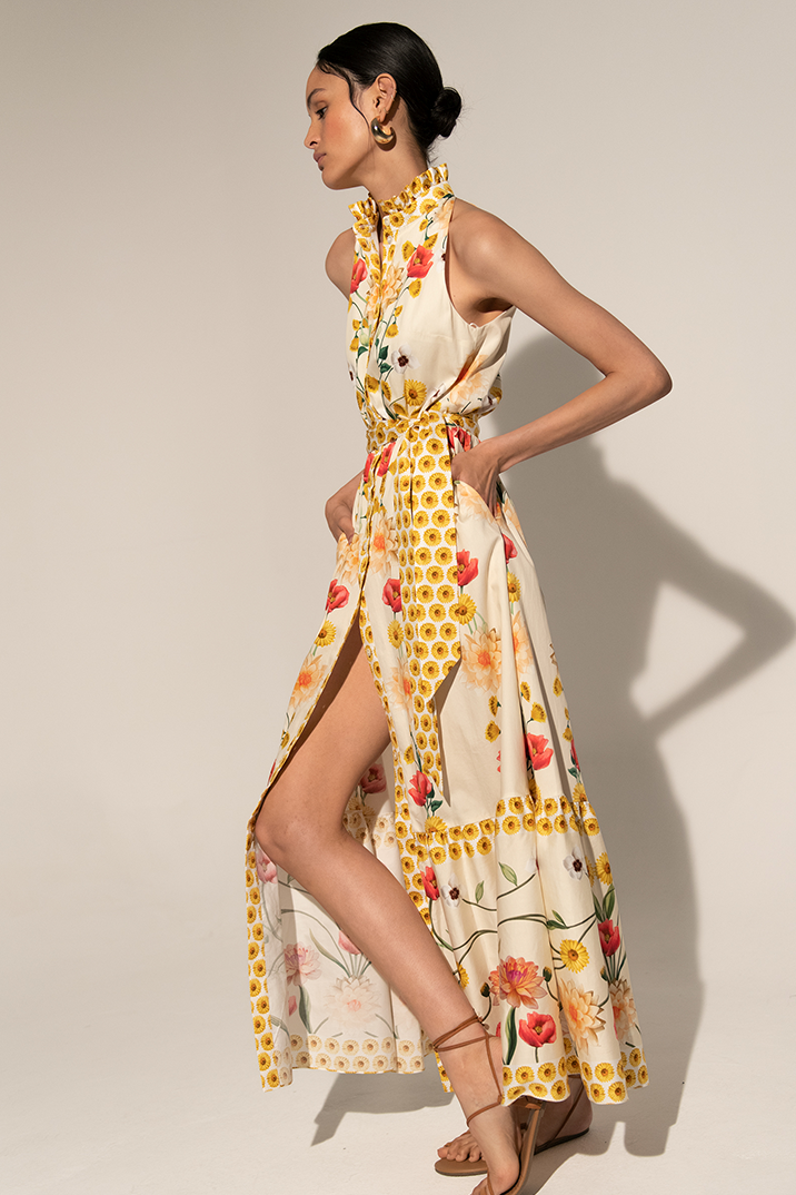 High Collar Sleeveless Buttoned Lace Up Midi Dress