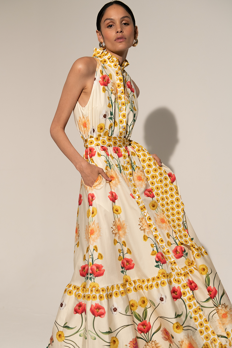 High Collar Sleeveless Buttoned Lace Up Midi Dress