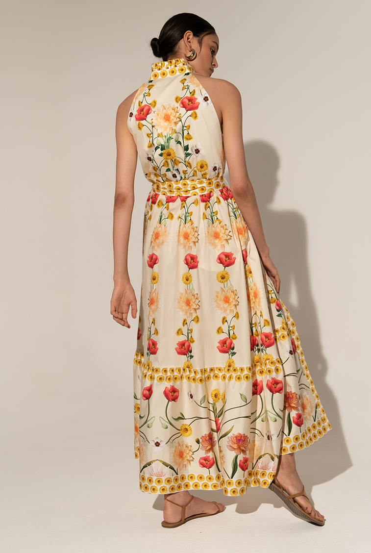 High Collar Sleeveless Buttoned Lace Up Midi Dress