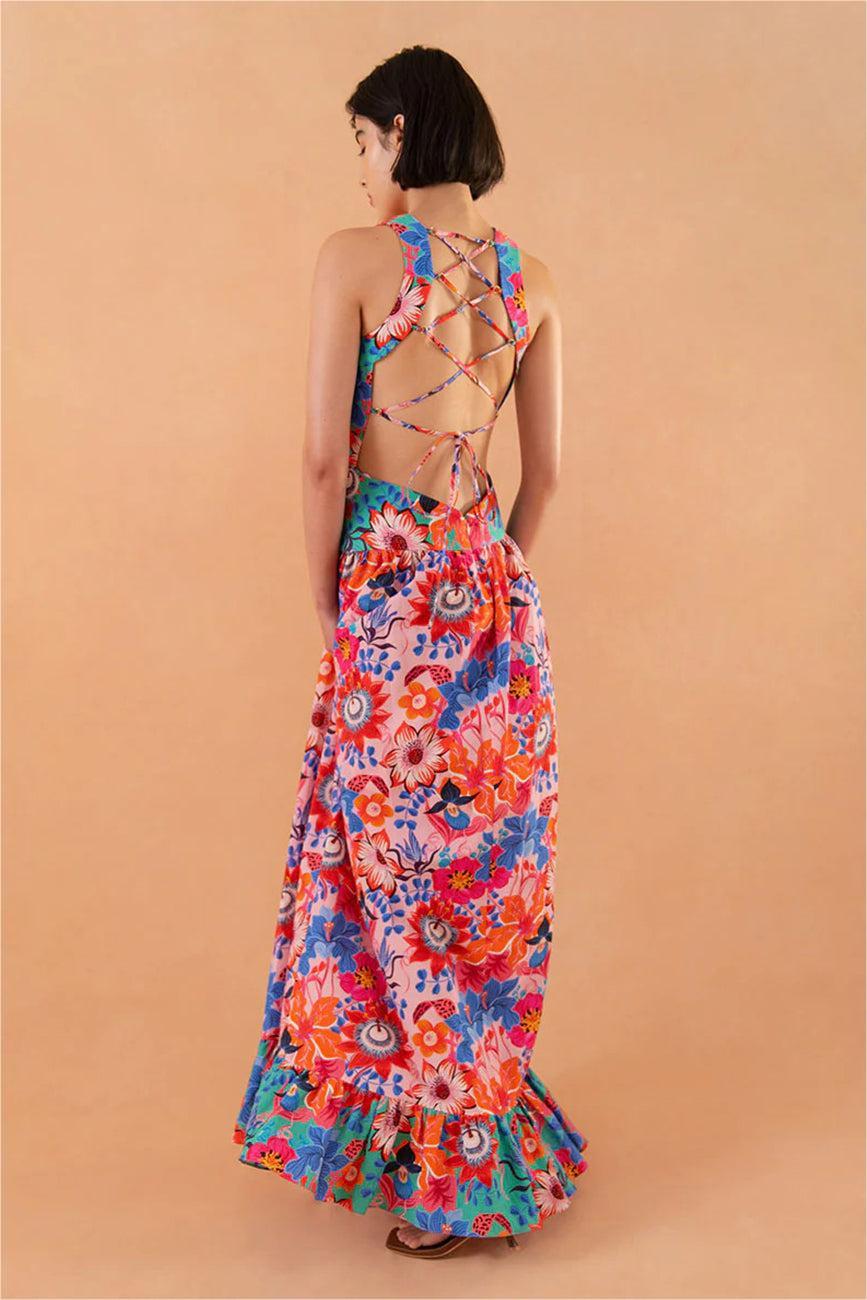 Lace-up Ruffle Hem Maxi Dress