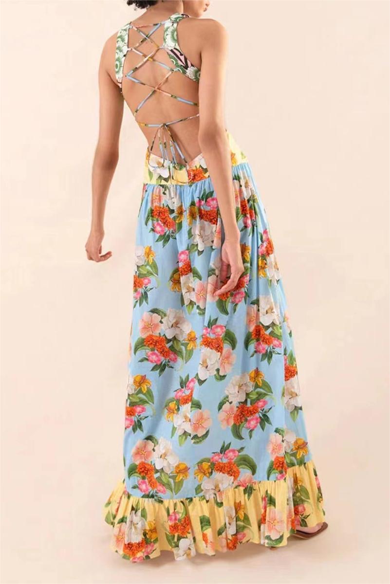 Lace-up Ruffle Hem Maxi Dress