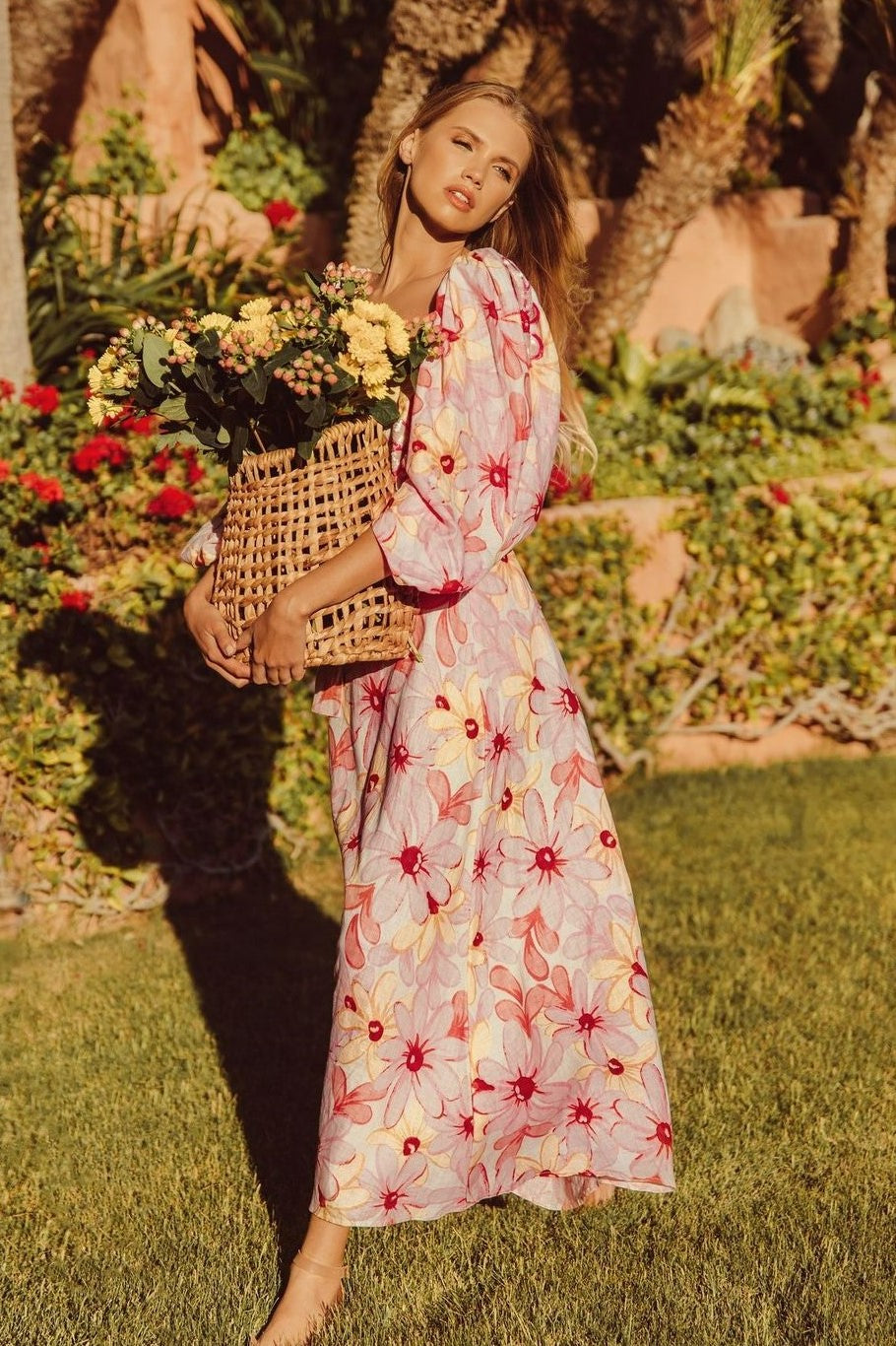 Puff Sleeve Square Collar Backless Maxi Dress