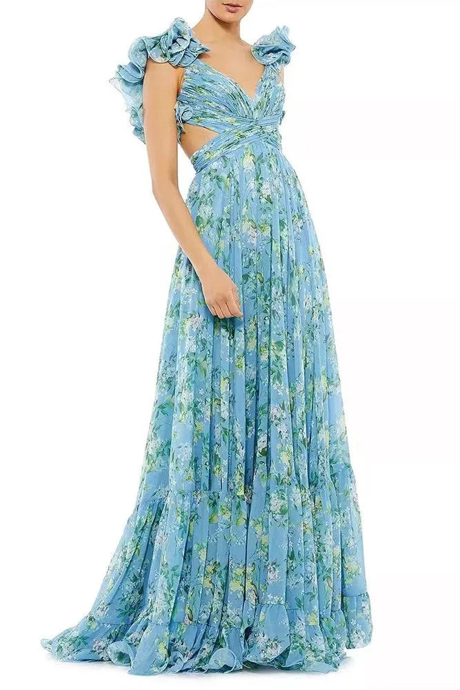 V-neck Cut-out Ruffle Hem Maxi Dress Blue