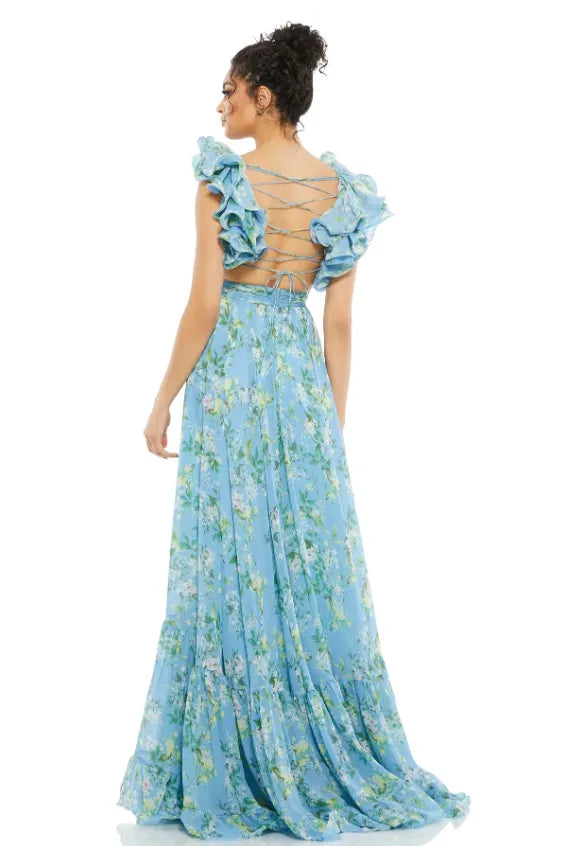 V-neck Cut-out Ruffle Hem Maxi Dress Blue