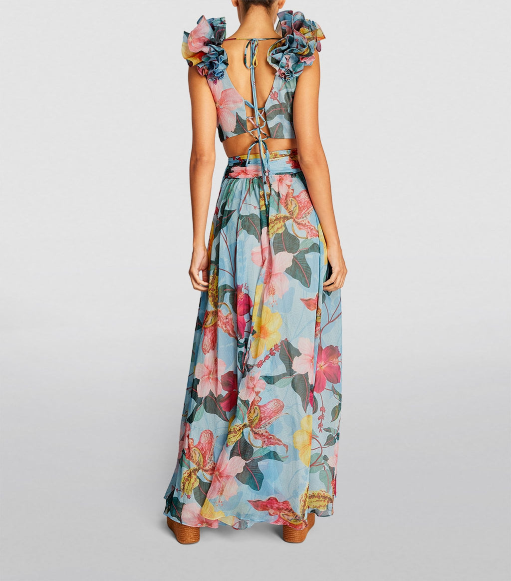 Sleeveless V-neck Ruffle Hem Lace Up Maxi Dress