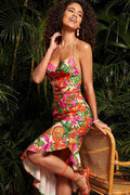 Printed Asymmetric Ruffle Hem Midi Dress