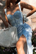 Sleeveless Corest Buckle Pleated Slit Midi Dress