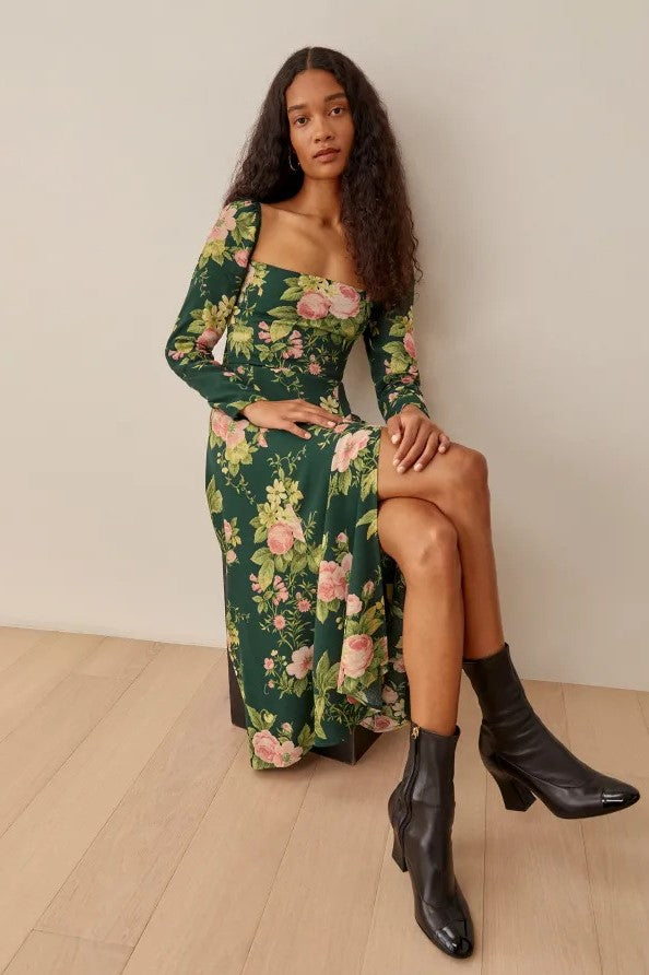Long Sleeve Square Collar Slit Midi Dress