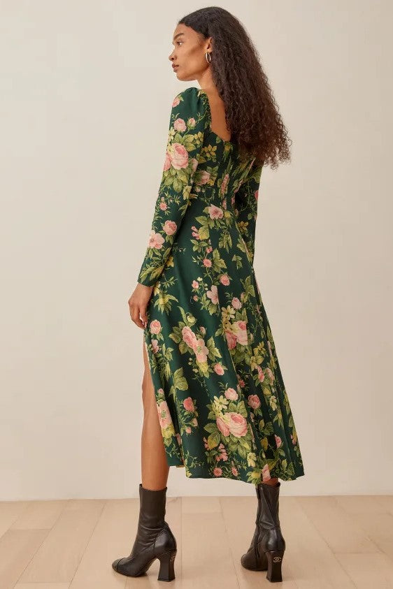 Long Sleeve Square Collar Slit Midi Dress