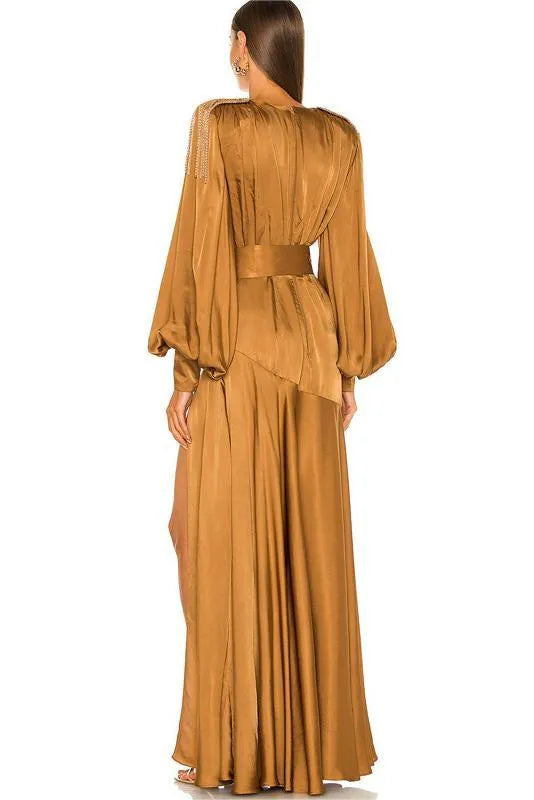 Lantern Sleeve V-neck Slit Maxi Dress Yellow