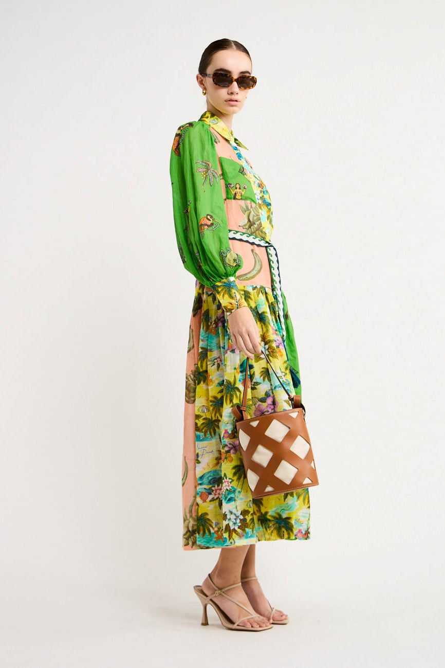 Printed Long Sleeve Lapel Lace Up Midi Dress
