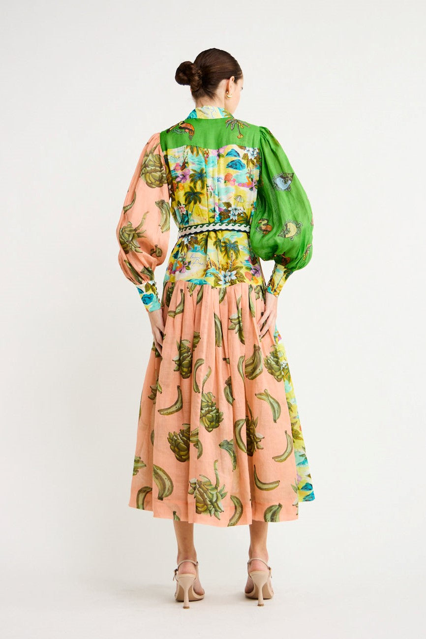 Printed Long Sleeve Lapel Lace Up Midi Dress