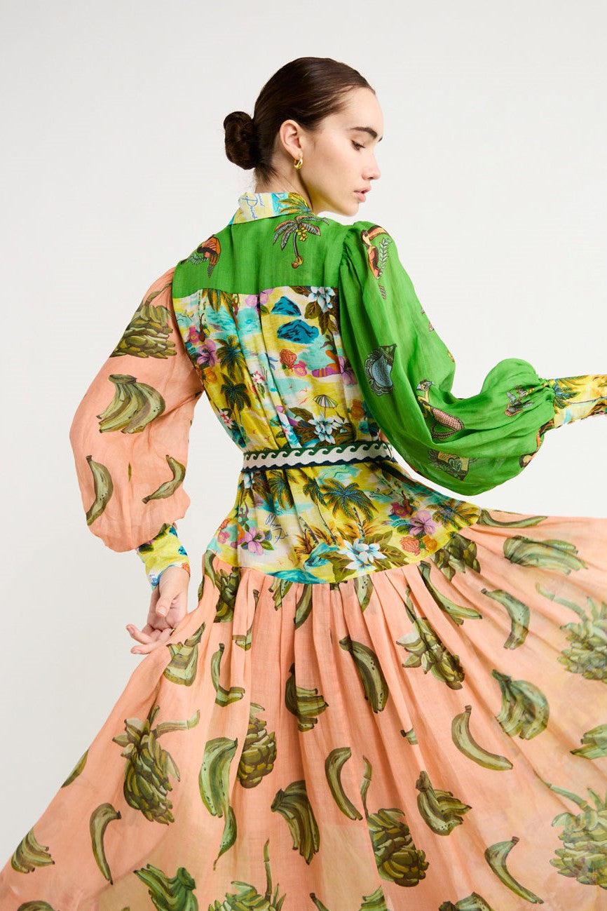 Printed Long Sleeve Lapel Lace Up Midi Dress