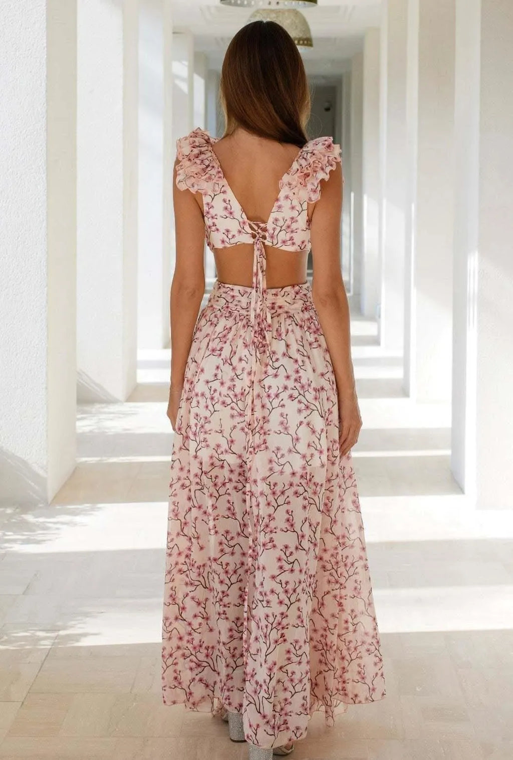 V-neck Tapered Waist Slit Midi Dress