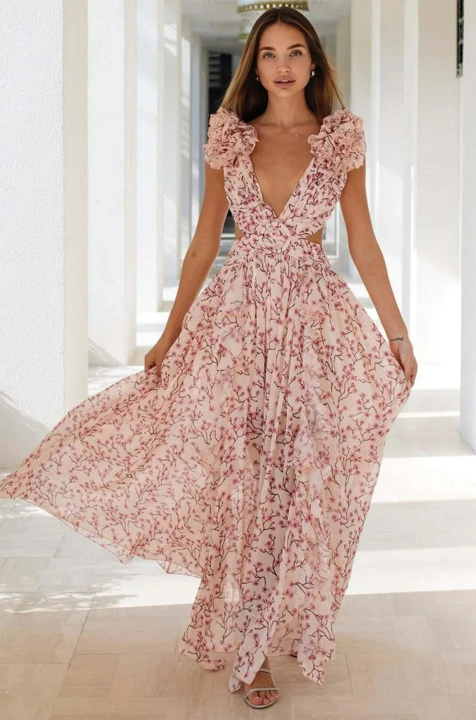 V-neck Tapered Waist Slit Midi Dress