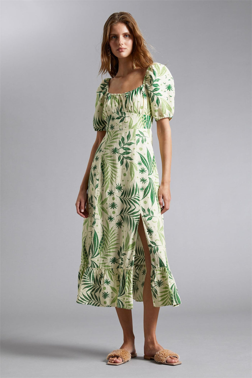 Puff Sleeve Square Collar Slit Midi Dress