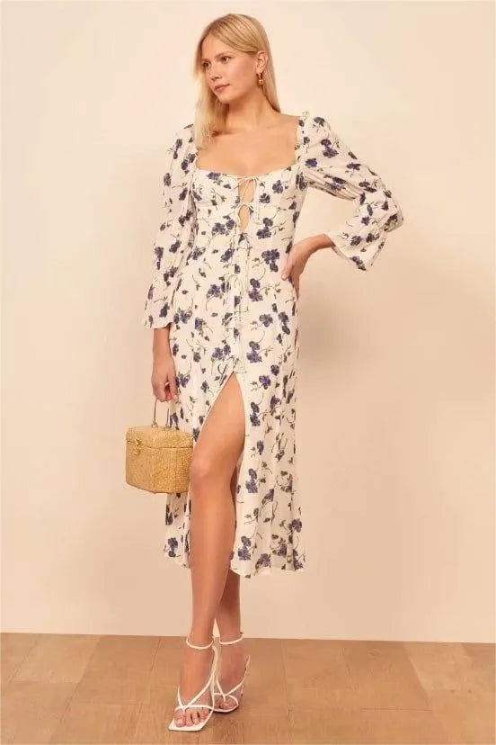 Square Collar Lace Up Slit Midi Dress