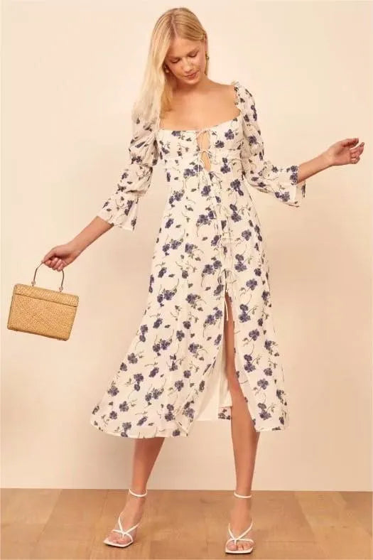 Square Collar Lace Up Slit Midi Dress