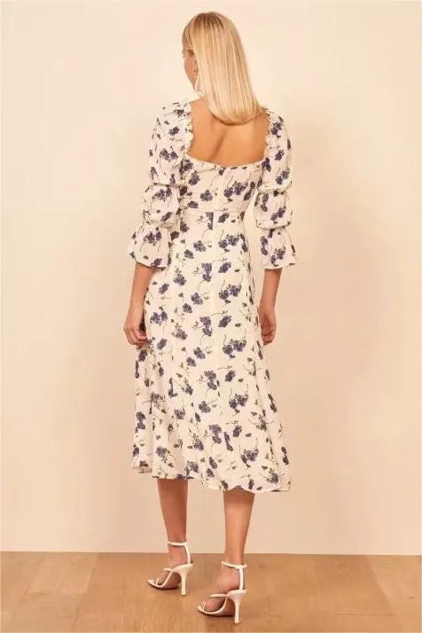 Square Collar Lace Up Slit Midi Dress