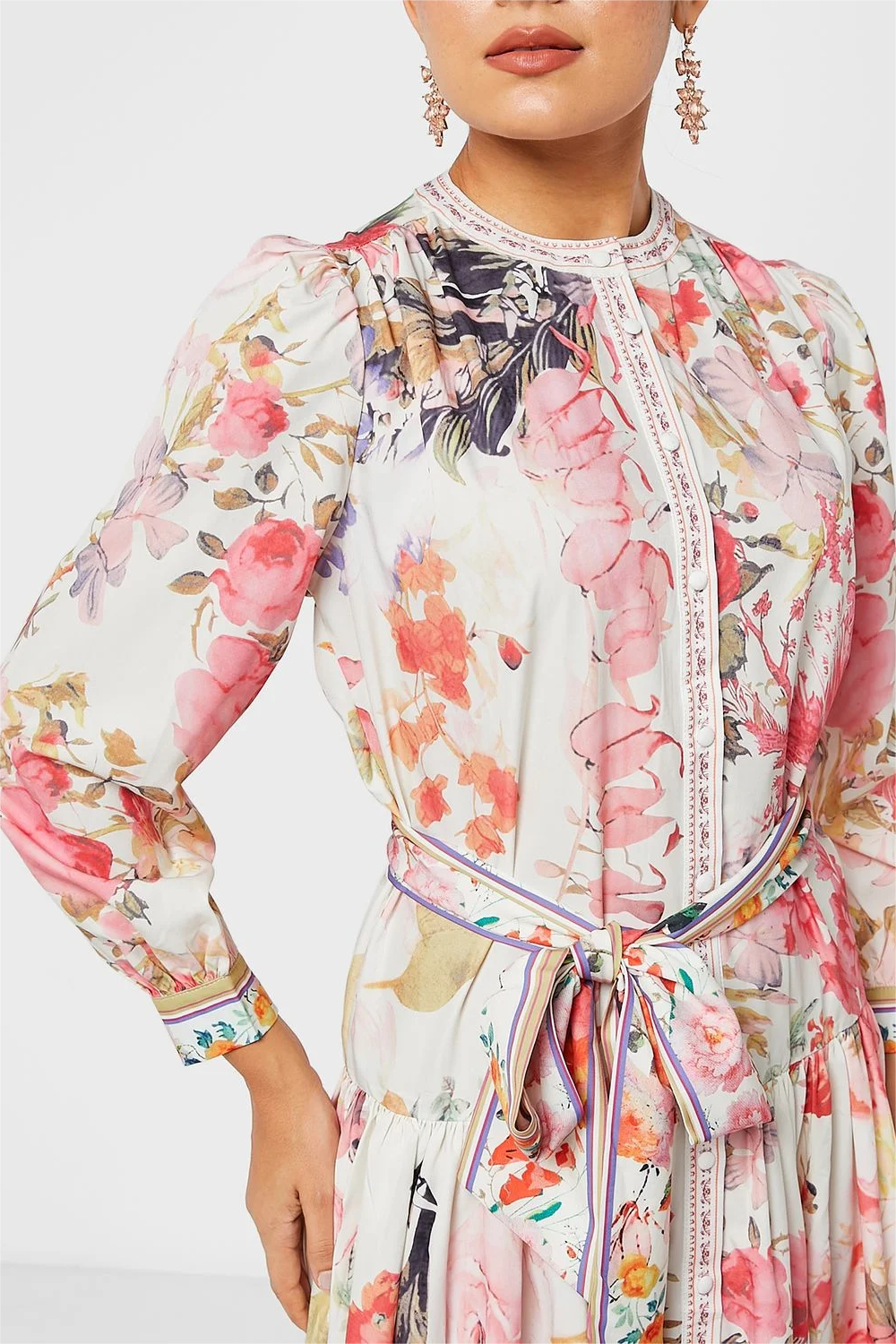 Long Sleeve Crew Collar Buttoned Lace Up Midi Dress