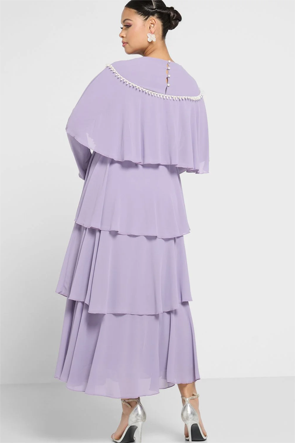 Long Sleeve Crew Collar Ruffle Hem Layered Maxi Dress Purple