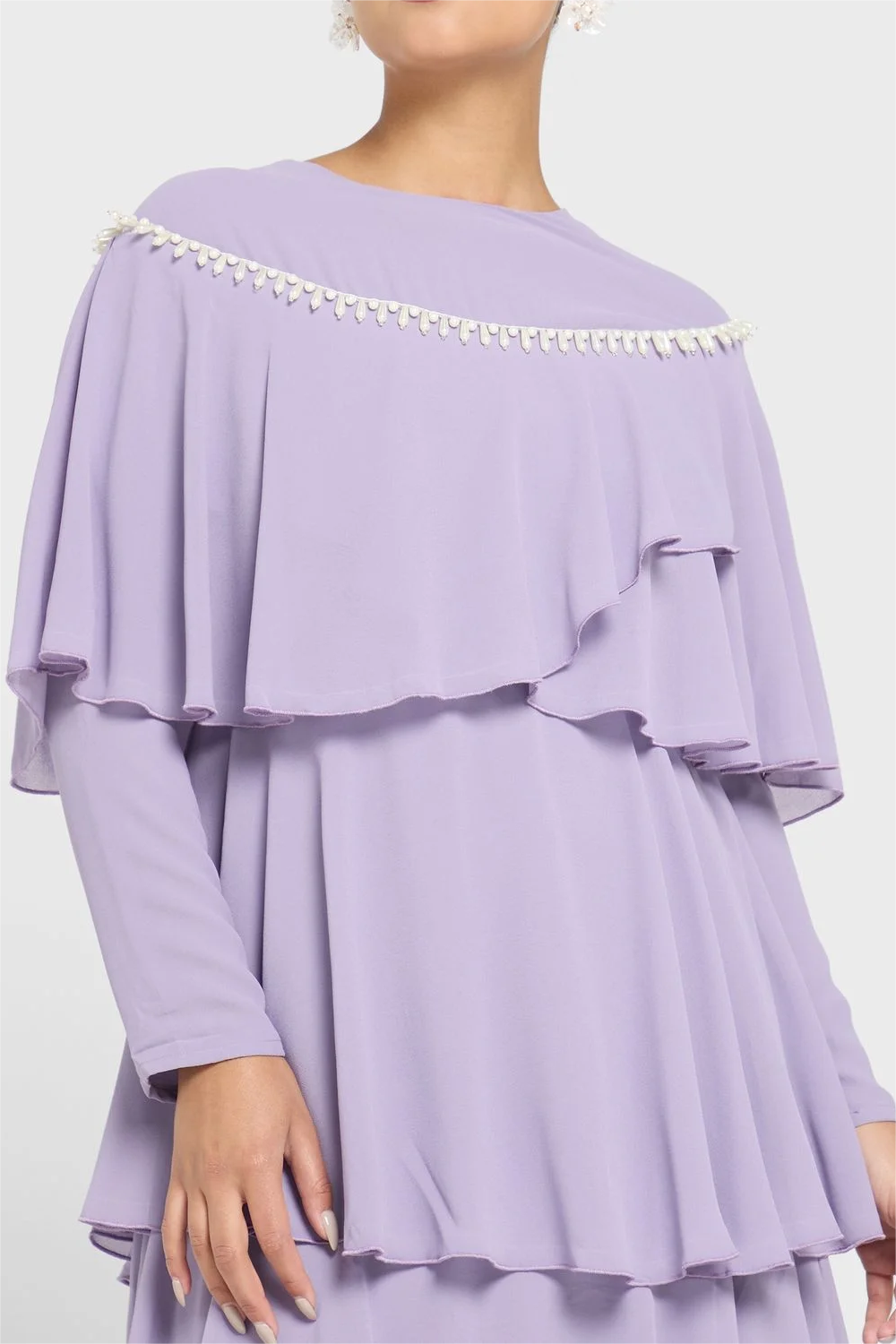 Long Sleeve Crew Collar Ruffle Hem Layered Maxi Dress Purple