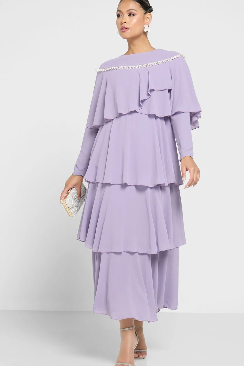 Long Sleeve Crew Collar Ruffle Hem Layered Maxi Dress Purple